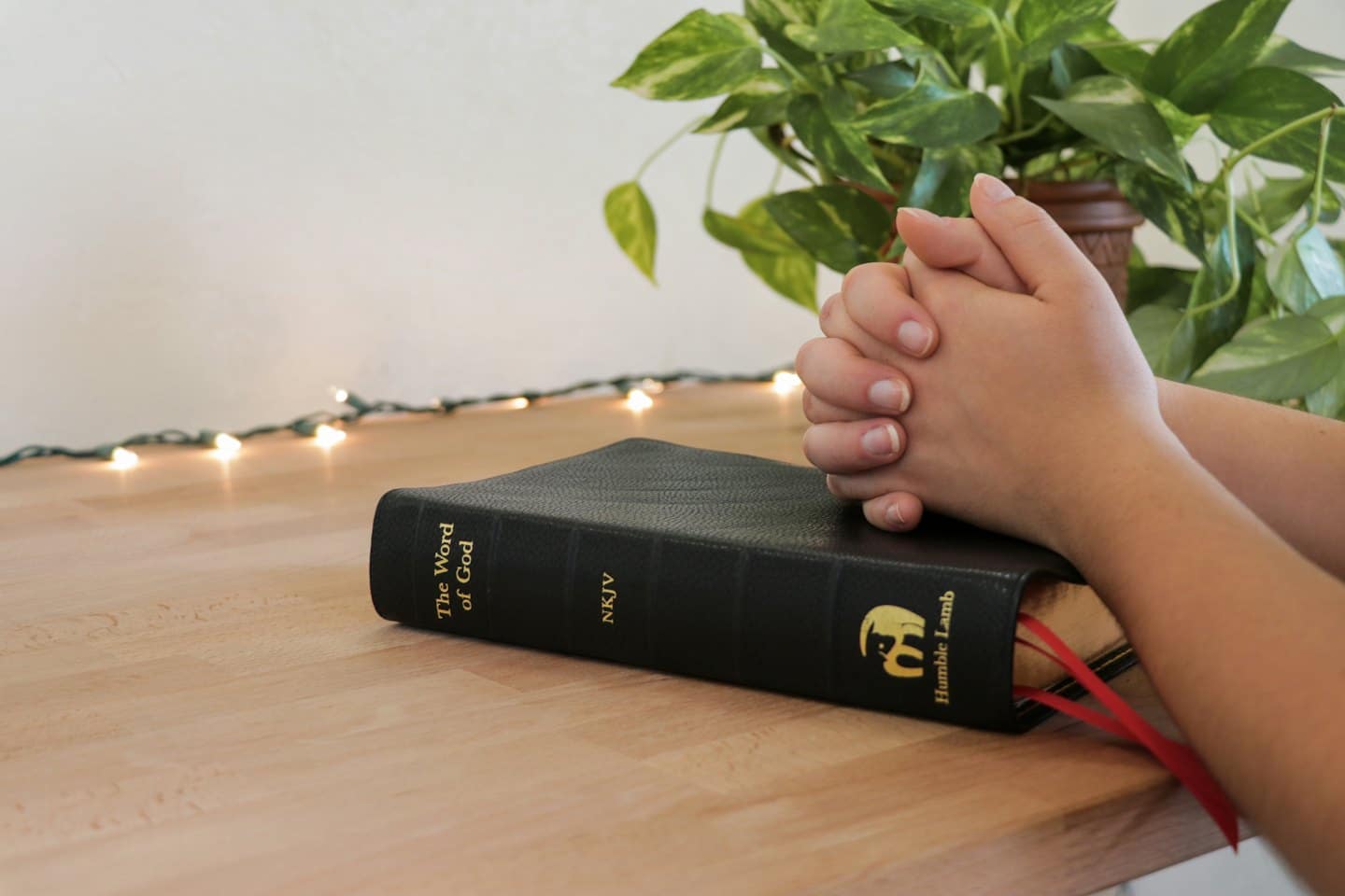 Due mani giunte in preghiera appoggiate su una Bibbia.